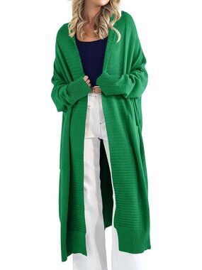 Women's Dark Green Open Front Pockets Outfits Long Sleeve Cardigan Sweaters